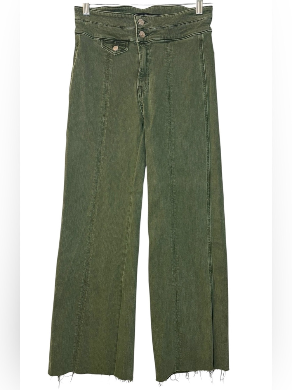 Veronica Beard EMBER Wide-Leg High-Rise Jeans Olive Stone Green Sz 27/4 Raw Hem